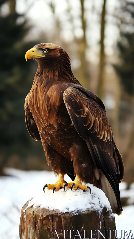 Photorealistic eagle portrait on snow-covered wooden perch.