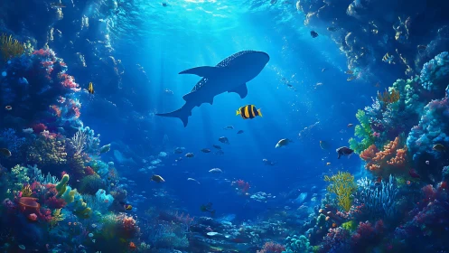 Whale shark glides through a sunlit cathedral of coral