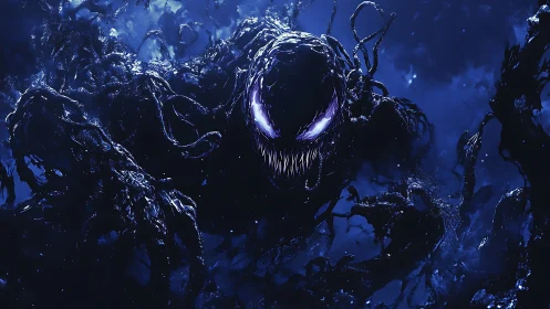 Symbiotic shadow entity with glowing eyes in deep blue void.