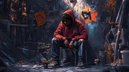 Quiet strength settles around a hooded figure in neon gloom