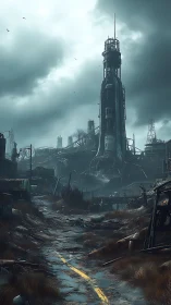 Post-apocalyptic tower dominating ruined industrial wasteland.