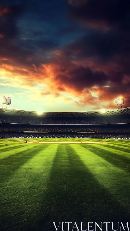 Floodlit cricket stadium under vivid storm-lit sunset sky.