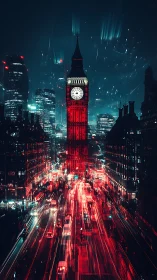 Neon-soaked clocktower dominating cyberpunk night avenue.