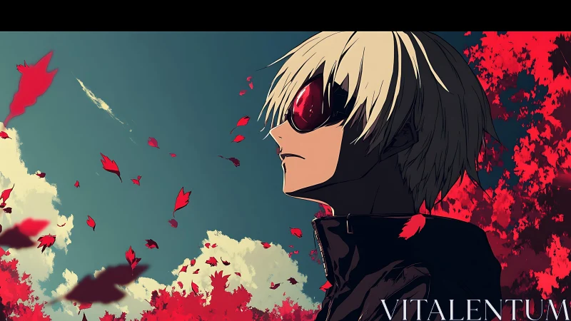 Boy with red visor gazes at falling leaves under vivid sky