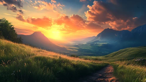 Sunset-swept meadow trail drifts toward glowing valley dreams