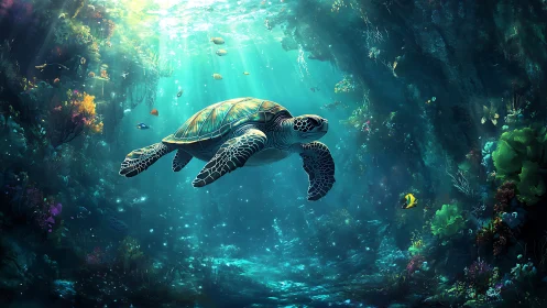 Gentle sea turtle gliding through a glowing coral paradise.
