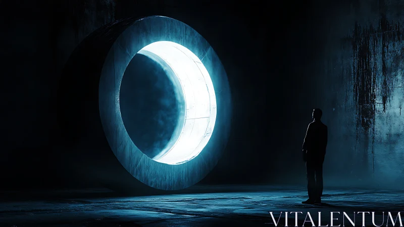 Lone figure before glowing circular portal in darkness.