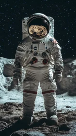 Lone astronaut stands on a moonlit surface under starry space