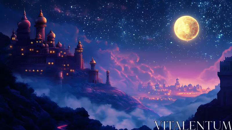 Moonlit sky palace above a misty glowing valley dream.