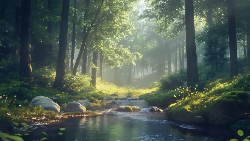 Forest Stream Among Dense Trees with Misty Distant Path