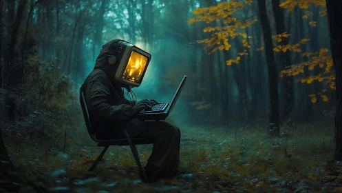 Figure with monitor head using laptop in misty forest.