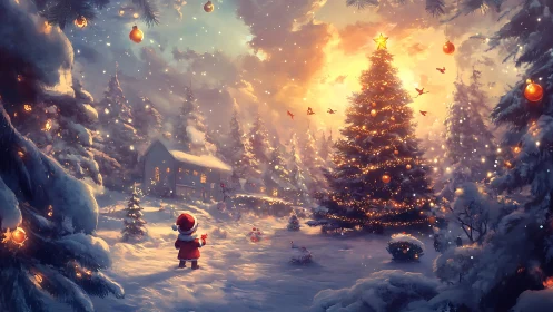Snowlit child gazes at a glowing Christmas forest wonderland.