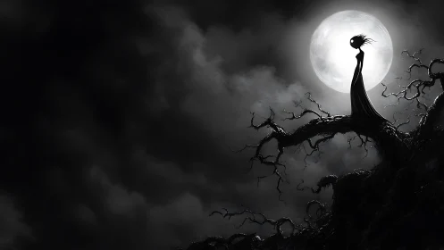 Moonlit dreamer stands tall on a twisted, windswept tree branch