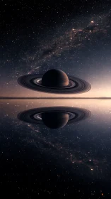 Ringed gas giant aligns symmetrically over reflective plane