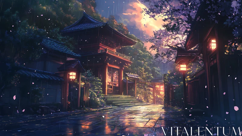 Rain-soaked sakura temple corridor under diffuse sunset illumination.