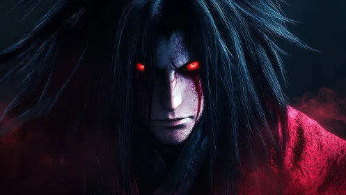 Red-eyed dark warrior stares forward under harsh contrast