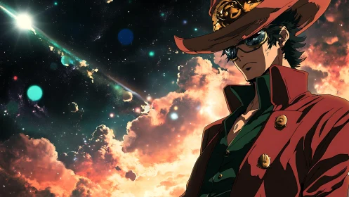 Stylized spacefarer in red coat before nebula sky.