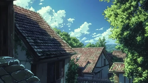 Sunlit village rooftops dreaming under a wide summer sky.