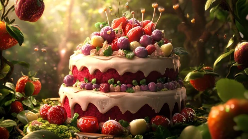 Two-Tier Cream Cake with Mixed Berry Garnish and Candied Fruit Decor