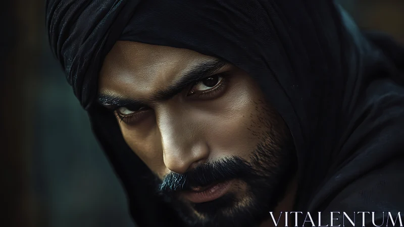 Intense hooded gaze meets the viewer with bold, quiet strength