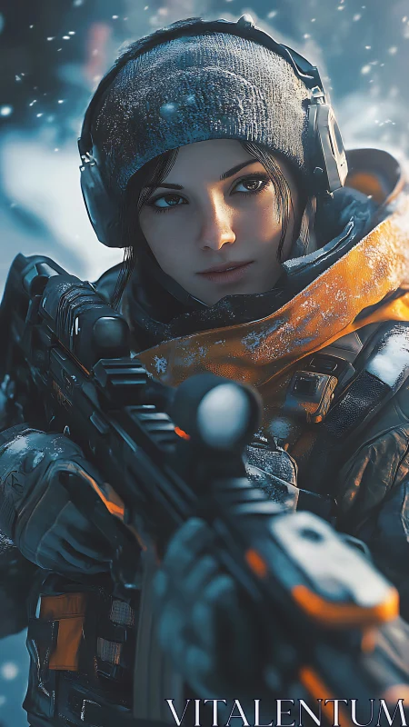 Armed figure holds rifle in cold outdoor environment