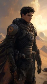 Armored desert explorer standing in windswept dunes.