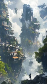 Skyborne cliffs cradle a mist-veiled vertical megacity.