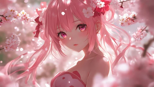 Pink haired anime girl stands in dreamy cherry blossoms