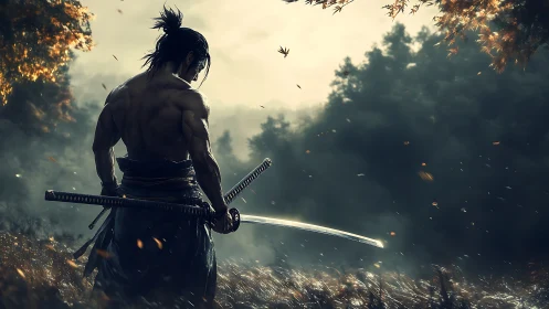 Samurai figure with drawn katana in misty forest clearing.