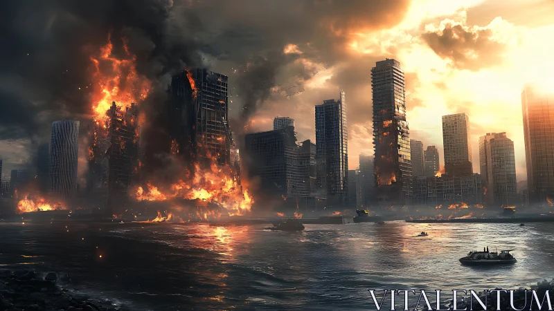 Urban waterfront skyline engulfed in extensive structural fire.