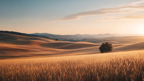 Sunlit wheat waves rolling across tranquil golden hills.