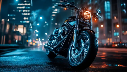 Motorcycle on wet urban street under night city lights.