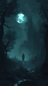 Lone hooded figure on dark forest path under full moon.