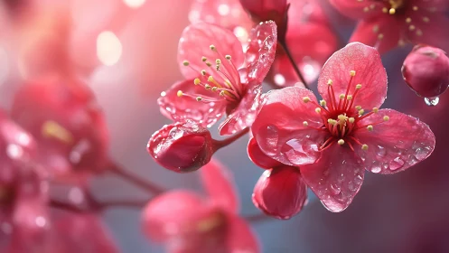 Crimson Blossoms Adorned with Morning Dew.