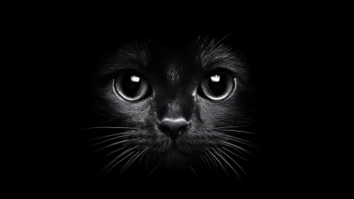 Black Cat Face with Luminous Eyes Against Dark Background