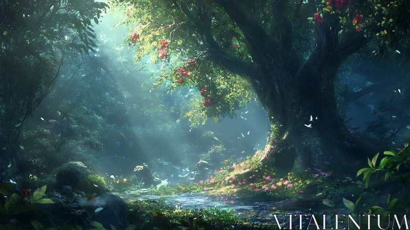 Enchanted Gorge: Where Crimson Flowers Dance Through Emerald Caverns