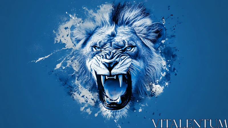 Roaring cobalt lion bursting from splattered paint cosmos.