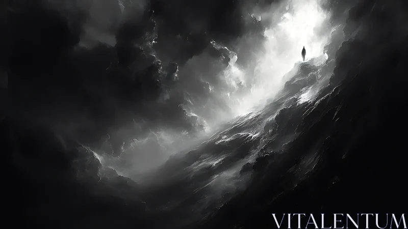 Solitary figure greets a stormy path of swirling shadow and light