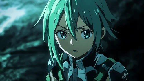 Anime character in teal armor stands in dim environment