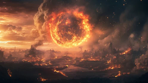 Massive Solar Celestial Body Positioned Above Burning Urban Landscape