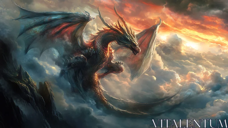 Majestic sky dragon soaring through glowing sunset clouds.