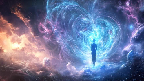 Stellar heart vortex with luminous astral silhouette nexus.