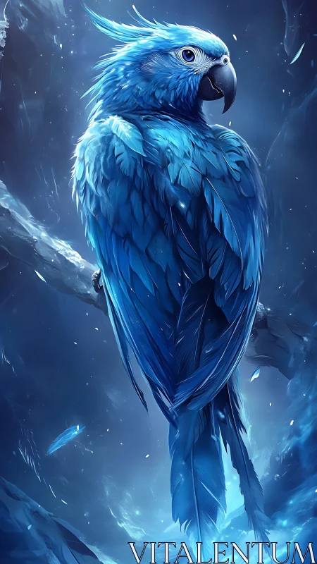 Blue parrot perched in cool-toned digital artwork.