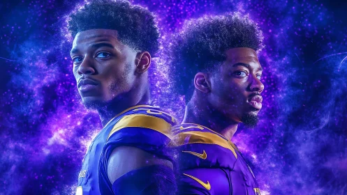 Dual football portraits in electric purple nebula glow.