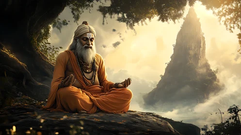 Meditative sage in orange robes before misty peak.