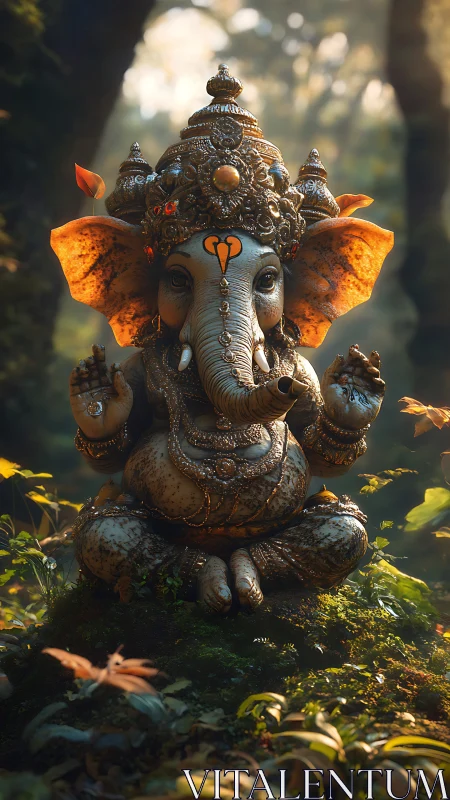 Ornate Ganesha idol illuminated in misty forest clearing.