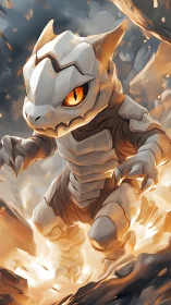 Armored lava creature strides through erupting rocky chasm