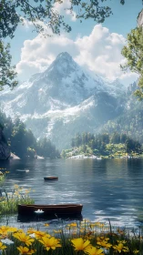 Snowcapped mountain towers over calm alpine lake with boats