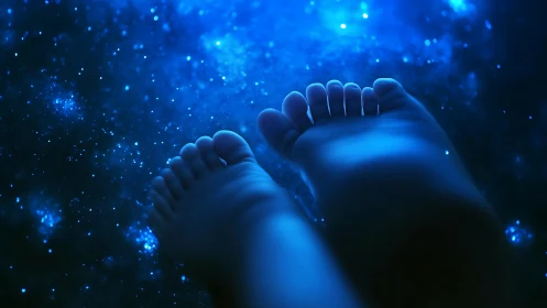 Baby feet floating above glowing cosmic blue night sky.