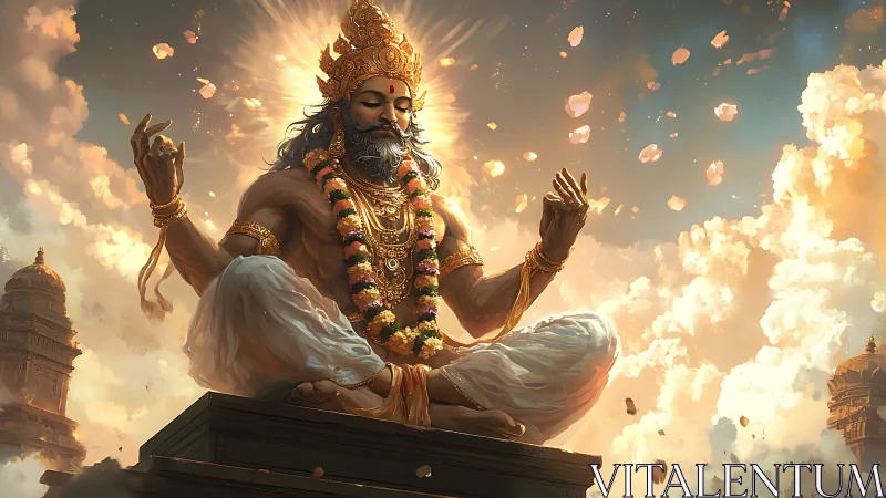 Radiant deity meditates above temple clouds in warm light.